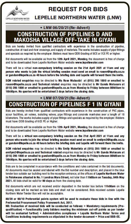 Construction of Pipelines F1 in Giyani