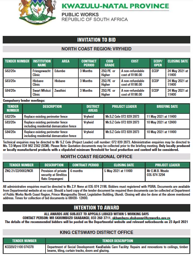 Provision of Private Security at Strelitza Flats Empangeni Tender