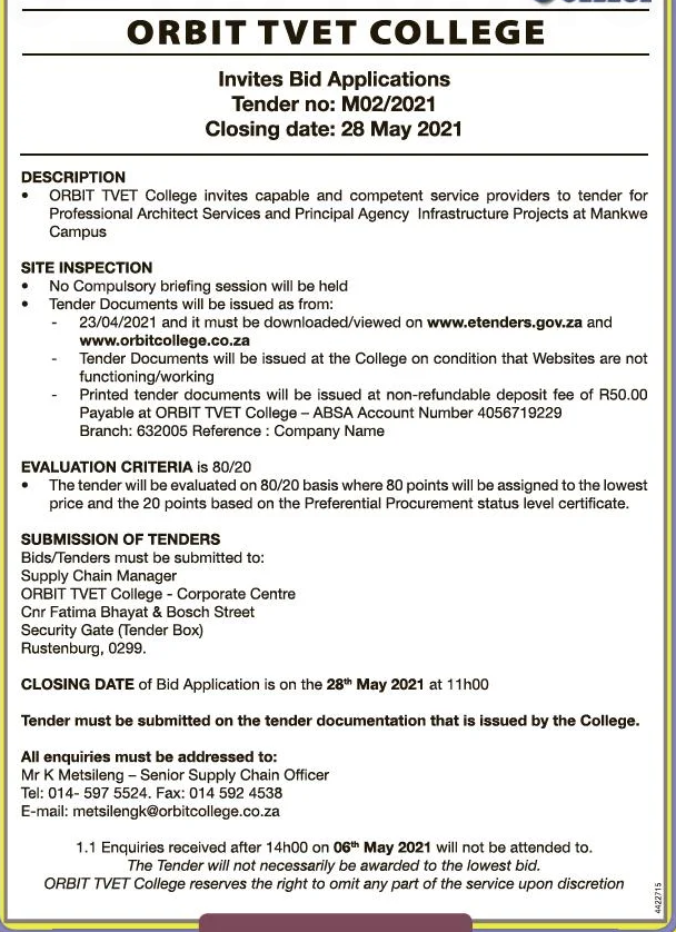 Orbit TVET College Invites Capable and Competent Service Providers to Tender for Professional Architect Services and Principal Agency Infrastructure Projects at Mankwe Campus