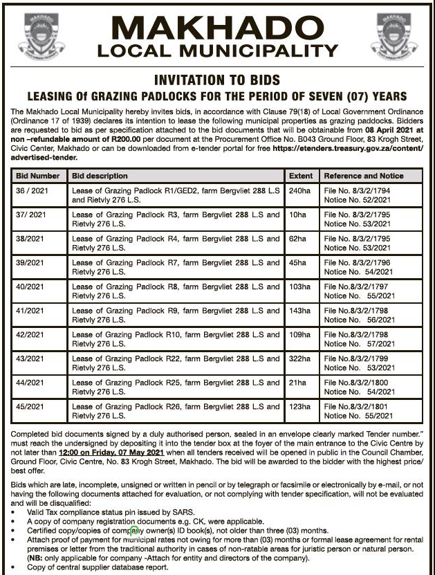 Lease of Grazing Paddock R1/GED2, Farm Bergvliet 288 LS and Rietvly 278