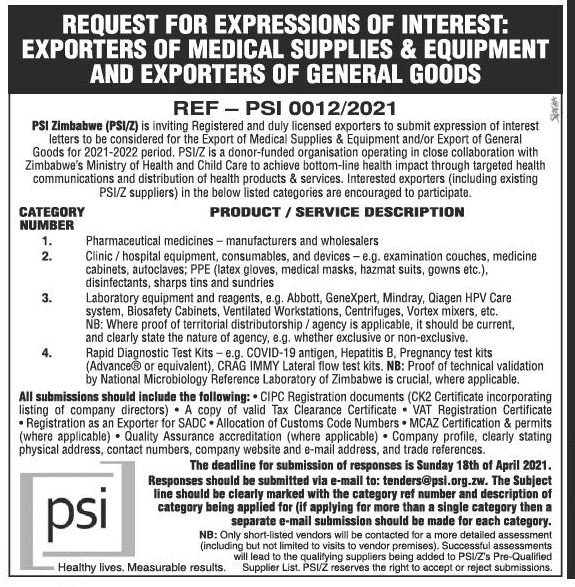 Request for Expressions of Interest Exporters of Medical Supplies