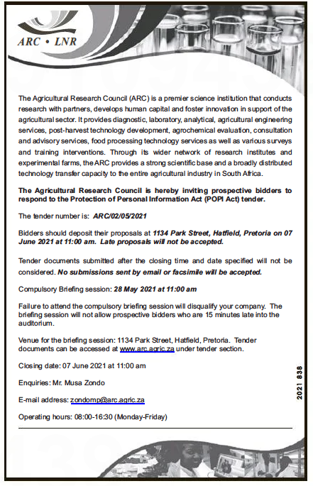 The Agricultural Research Council is Hereby Inviting Prospective Bidders to Respond to the Protection of Personal Information Act (POPI Act) Tender