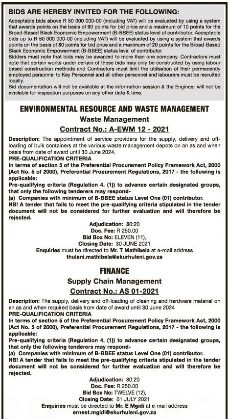 The Appointment of Service Providers for the Supply, Delivery and Off-loading of Bulk Containers at the Various Waste Management Depots on an as and when Required Basis from Date of Award until 30 June 2024