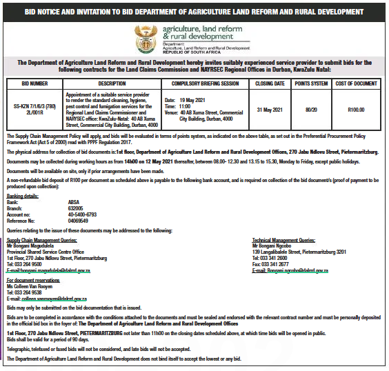 Appointment of a Suitable Service Provider to Render the Standard Cleaning, Hygiene, Pest Control and Fumigation Services for the Regional Land Claims Commissioner and NARYSEC Office: KwaZulu-Natal: 40 AB Xuma Street, Commercial City Building, Durban, 4000