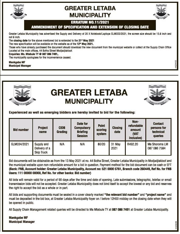 Erratum Greater Letaba Municipality has Advertised the Supply and