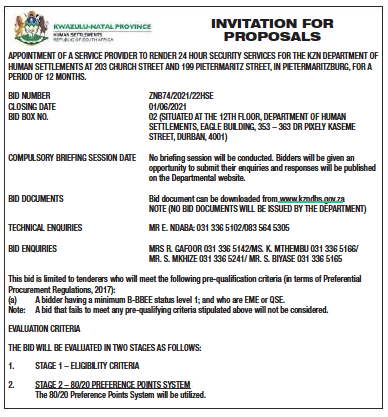 Appointment of a Service Provider to Render 24 Hour Security Services for the KZN Department of Human Settlements at 203 Church Street and 199 Pietermaritz Street, in Pietermaritzburg, for a Period of 12 Months