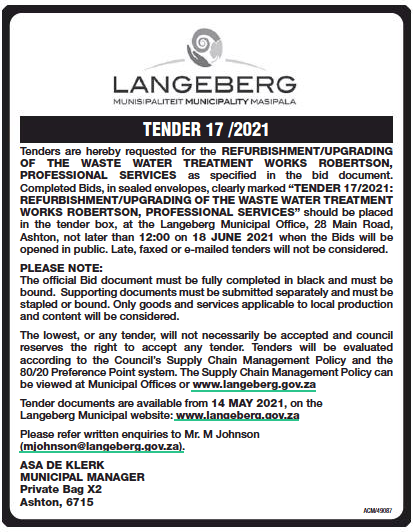 Tenders are Hereby Requested for the Refurbishment/Upgrading of the Waste Water Treatment Works Robertson, Professional Services