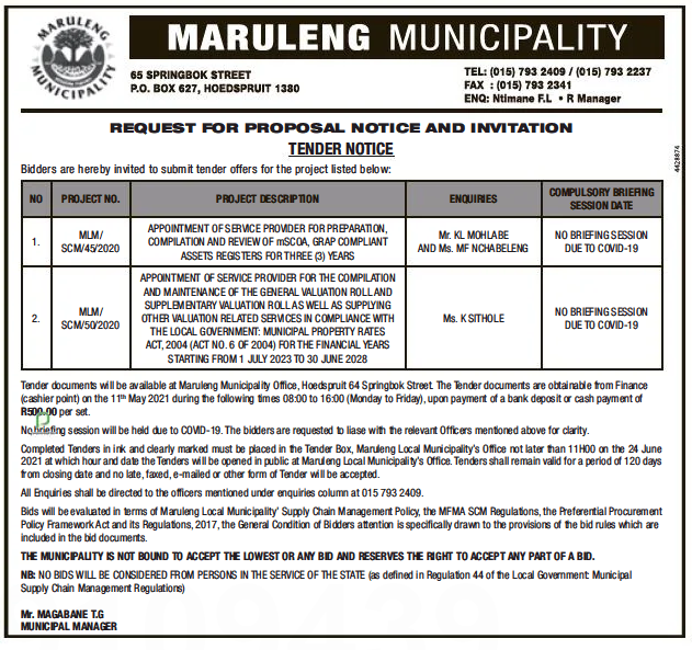 Appointment of Service Provider for the Compilation and Maintenance of the General Valuation Roll and Supplementary Valuation Roll as well as Supplying Other Valuation Related Services in Compliance with the Local Government: Municipal Property Rates Act, 2004 (Act No. 6 of 2004) for the Financial Years Starting from 1 July 2023 to 30 June 2028