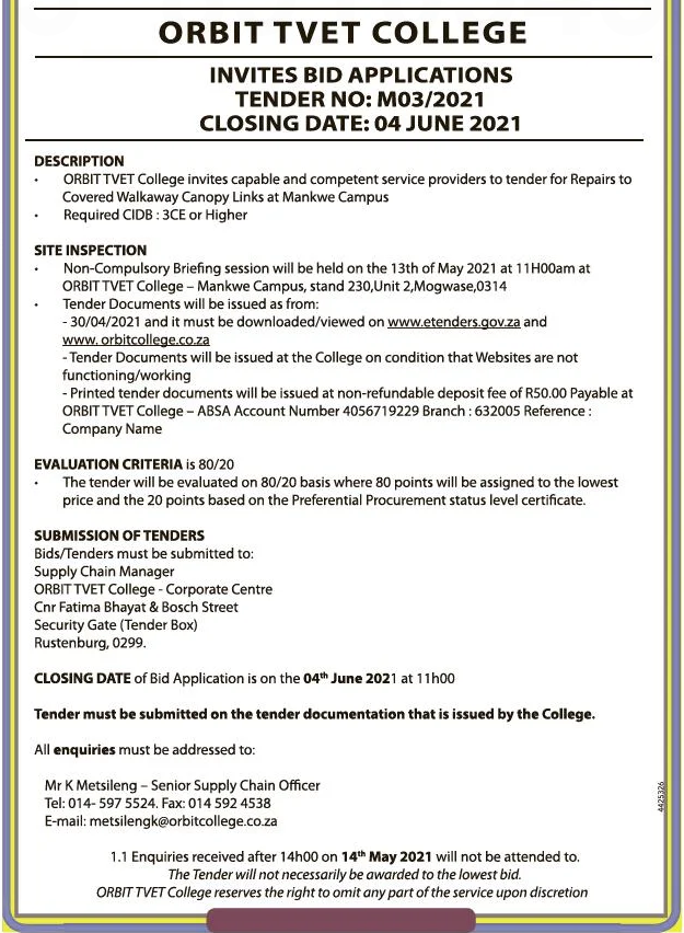 ORBIT TVET College Invites Capable and Competent Service Providers to Tender for Repairs to Covered Walkway Canopy Links at Mankwe Campus