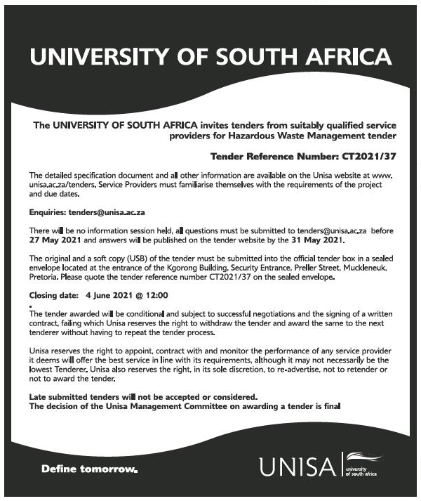 The University of South Africa Invites Tenders from Suitably Qualified Service Providers for Hazardous Waste Management Tender