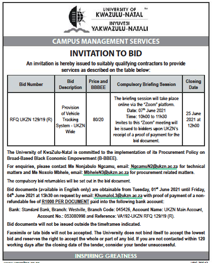 Provision of Vehicle Tracking System- UKZN Wide