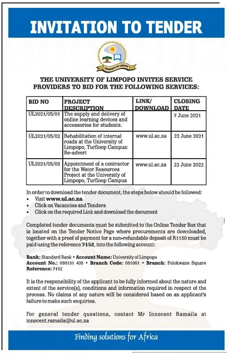Appointment of a Contractor for the Water Resources Project at the University of Limpopo, Turfloop Campus