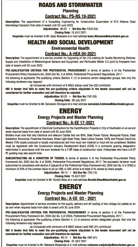 The Appointment of Electrical Contractors for the Repair and Maintenance of Paper Insulated and XLPE Underground Cable Networks form 33kv up to 132kv and Associated Copper and Optic Fibre Pilot Cables on an as and when Required Basis from Date of Award until 30 June 2024