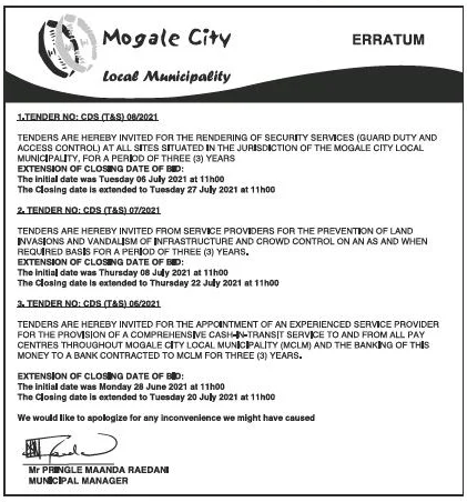 Erratum- Tenders are Hereby Invited for the Appointment of an Experienced Service Provider for the Provision of a Comprehensive Cash-in-Transit Service to and from all Pay Centres Throughout Mogale City Local Municipality (MCLM) and the Banking of this Money to a Bank Contracted to MCLM for Three(3) Years