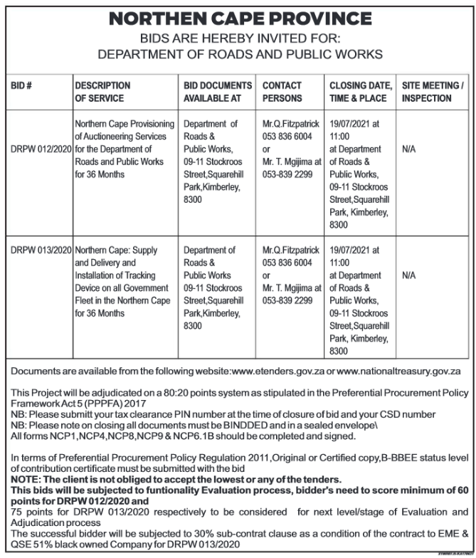 Northern Cape Provisioning of Auctioneering Services for the Department