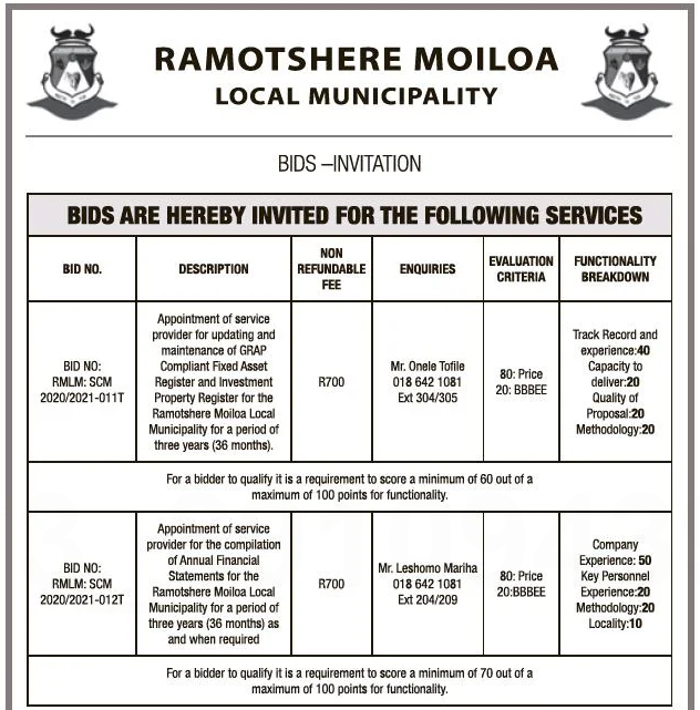 Appointment of Service Provider for the Compilation of Annual Financial Statements for the Ramotshere Moiloa Local Municipality for a Period of Three Years (36 Months) as and when Required