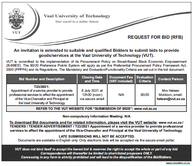 Appointment of a Service Provider to Provide Professional Services to Affect the Appointment of the Vice-Chancellor and Principal at the Vaal University of Technology