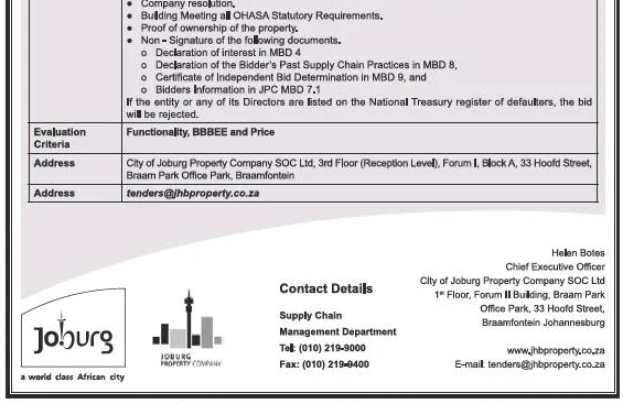 Establishment of Panel of Service Providers for the Provision of Deep Cleaning, Sanitising and Fogging Services at Various City of Joburg Corporate Buildings, Taxi Ranks and Markets, Public Convenience Facilities and any other Facilities of the City, as and when Required for a Period of Three(3) Years on Behalf of City of Joburg Property Company SOC Limited (JPC)