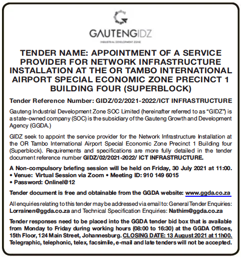 Appointment of a Service Provider for Network Infrastructure Installation at the OR Tambo International Airport Special Economic Zone Precinct 1 Building Four (Superblock)