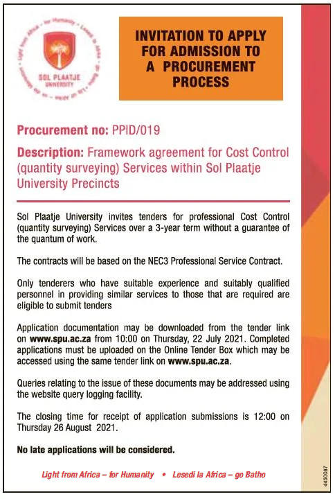 Framework Agreement for Cost Control (Quantity Surveying) Services within Sol Plaatje University Precincts