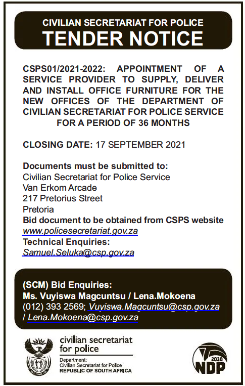Appointment of a Service Provider to Supply, Deliver and Install Office Furniture for the New Offices of the Department of Civilian Secretariat for Police Service for a Period of 36 Months