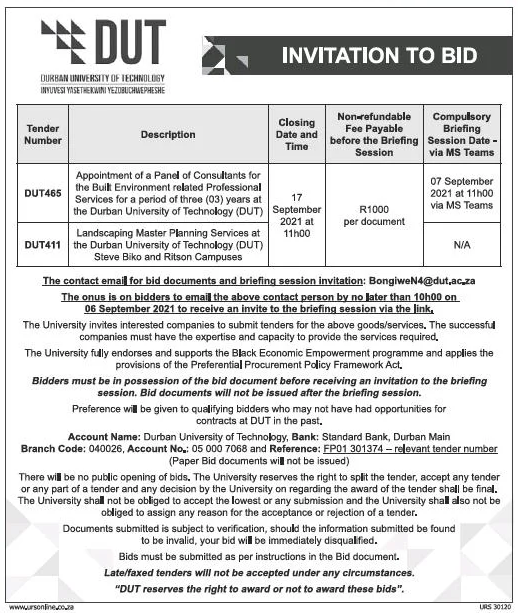 Appointment of a Panel of Consultants for the Bulk Environment Related Professional Services for a Period of Three(3) Years at the Durban University of Technology (DUT)