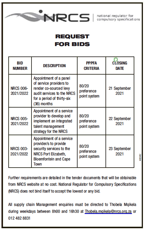 Appointment of a Panel of Service Providers to Render Co-Sourced Levy Audit Services to the NRCS for a Period of Thirty-Six (36) Months