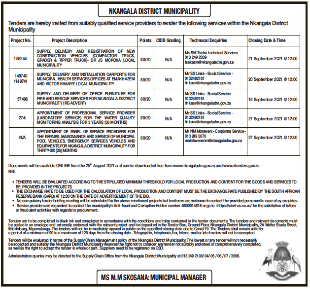 Appointment of Panel of Service Providers for the Repairs, Maintenance and Service of Municipal Pool Vehicles, Emergency Services Vehicles and Equipments for Nkangala District Municipality for Thirty-Six(36) Months