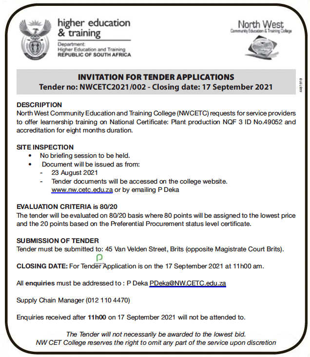 North West Community Education and Training (NWCETC) Requests for