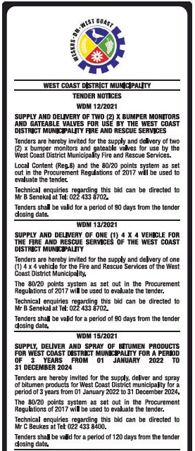 Supply and Delivery of Civil Work Services for West Coast District Municipality for a Period of 3 Years form 01 January 2022 to 31 December 2024