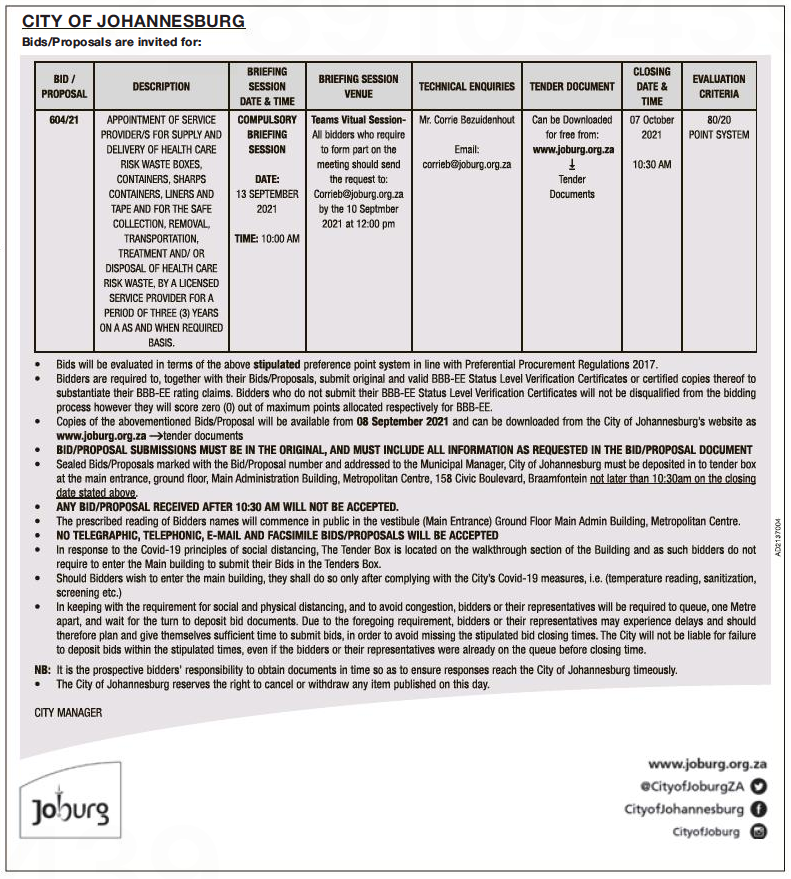Appointment of Service Provider/s for the Supply ad Delivery of Health Care Risk Waste Boxes, Containers, Sharps Containers, Liners and Tape and for the Safe Collection, Removal, Transportation, Treatment and/or Disposal of Health Care Risk Waste, by a Licensed Service Provider for a Period of Three(3) Years on a as and when Required Basis