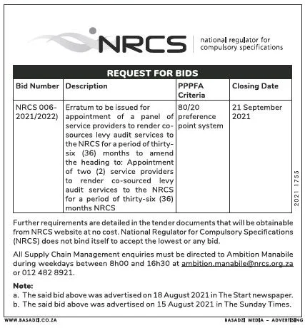 Erratum- Appointment of Two(2) Service Providers to Render Co-Sourced Levy Audit Services to the NRCS for a Period of Thirty-Six(36) Months NRCS
