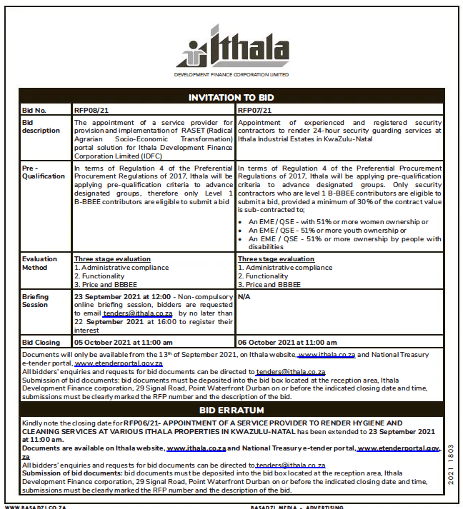 The Appointment of a Service Provider for Provision and Implementation of RASET (Radical Agrarian Socio-Economic Transformation) Portal Solution for Ithala Development Finance Corporation Limited (IDFC)