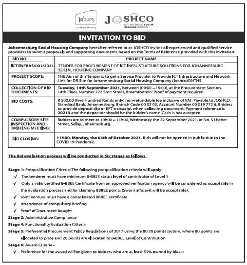 Tender for Procurement of ICT Infrastructure Solutions for Johannesburg Social Housing Company