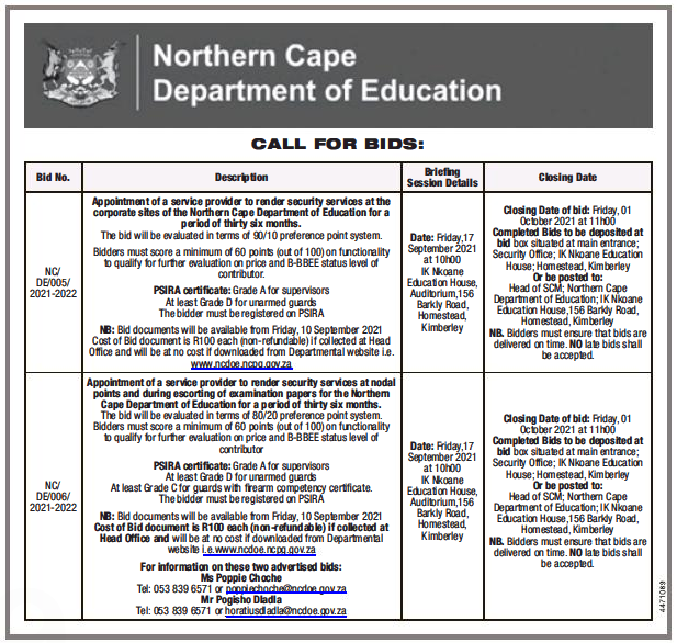 Appointment of a Service Provider to Render Security Services at the Corporate Sites of the Northern Cape Department of Education for a Period of Thirty Six Months