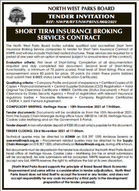Short Term Insurance Broking Services Contract Tender Bulletins