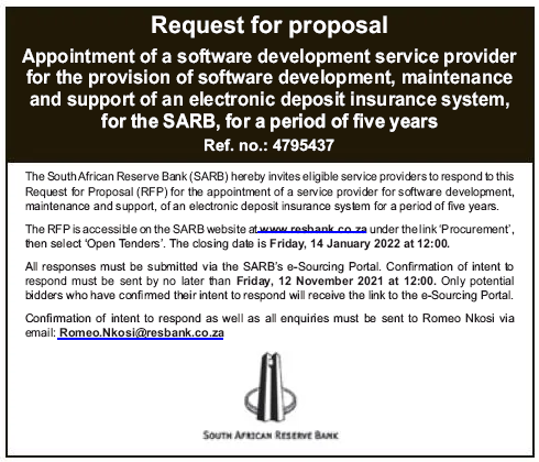 Appointment of a Software Development Service Provider for the Provision of Software Development, Maintenance and Support of an Electronic Deposit Insurance System, for the SARB, for a Period of Five Years