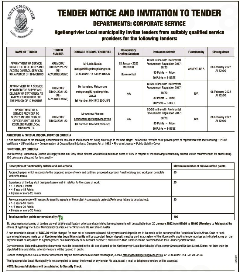Appointment of a Service Provider to Supply and Delivery of Office Furniture for Kgetlengrivier