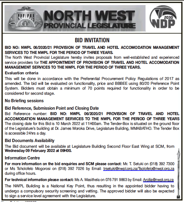 Provision of Travel and Hotel Management Services to the NWPL for the Period of