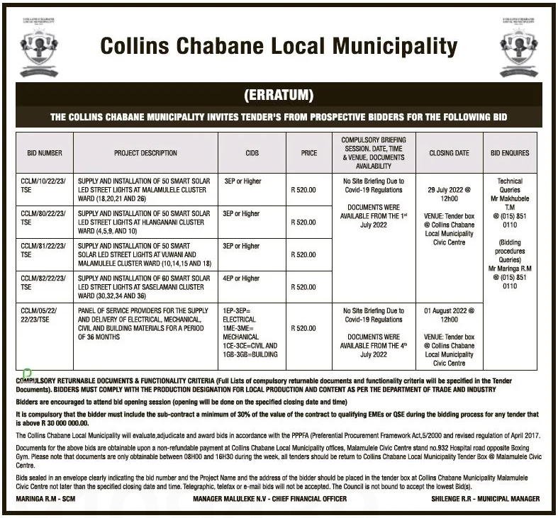 Erratum Supply and Installation of 50 Smart Solar LED Street Lights at Hlanganani Cluster Ward