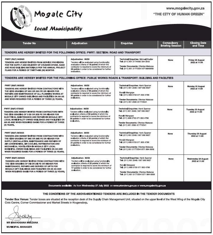 Tenders are Hereby Invited from Contractors with the CIDB Grading of 3