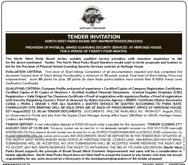 Provision of Physical Armed Guarding Security Services at Heritage House, for a Period of Twenty