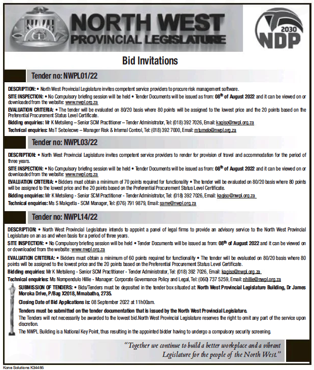 North West Provincial Legislature Invites Competent Service Providers to Render for Provision of