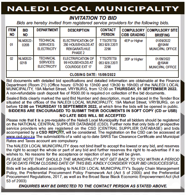 Electrification of 99 Households at Colridge Ext 17 Tender Bulletins