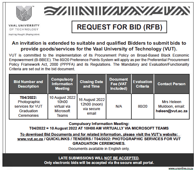 Photographic Services For VUT Graduation Ceremonies Tender Bulletins