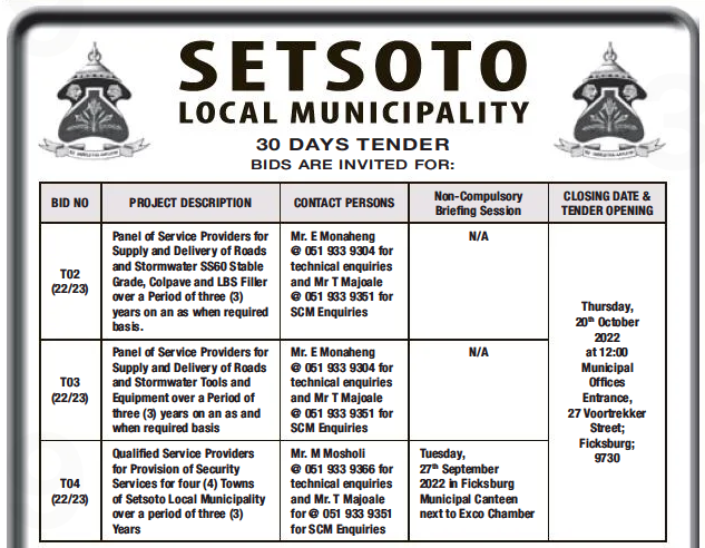Qualified Service Providers for Provision of Security Services for Four(4) Towns of Setsoto Local Municipality over a Period of Three(3) Years