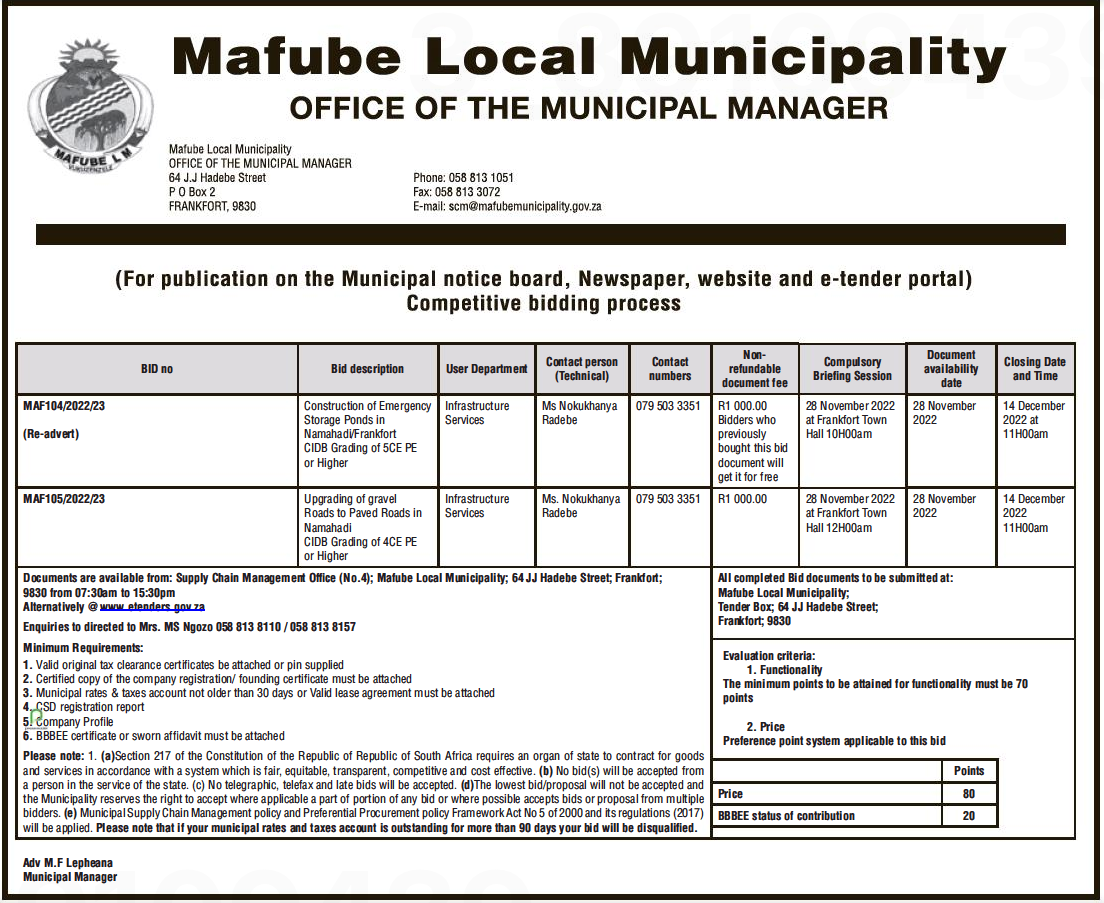 Construction of Emergency Storage Ponds in Namahadi/Frankfort Tender