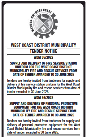 Supply and Delivery of Fire Service Station Uniform for the West Coast District Municipality Fire and Rescue Services from Date of Tender Awarded to 30 June 2025