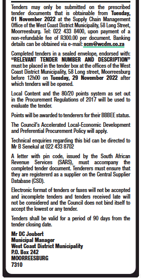 Supply and Delivery of Personal Protective Equipment for the West Coast District Municipality Fire and Rescue Service from Date of Tender Awarded to 30 June 2025