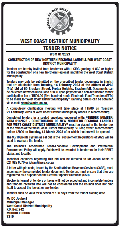 Construction of New Northern Regional Landfill for West Coast District Municipality